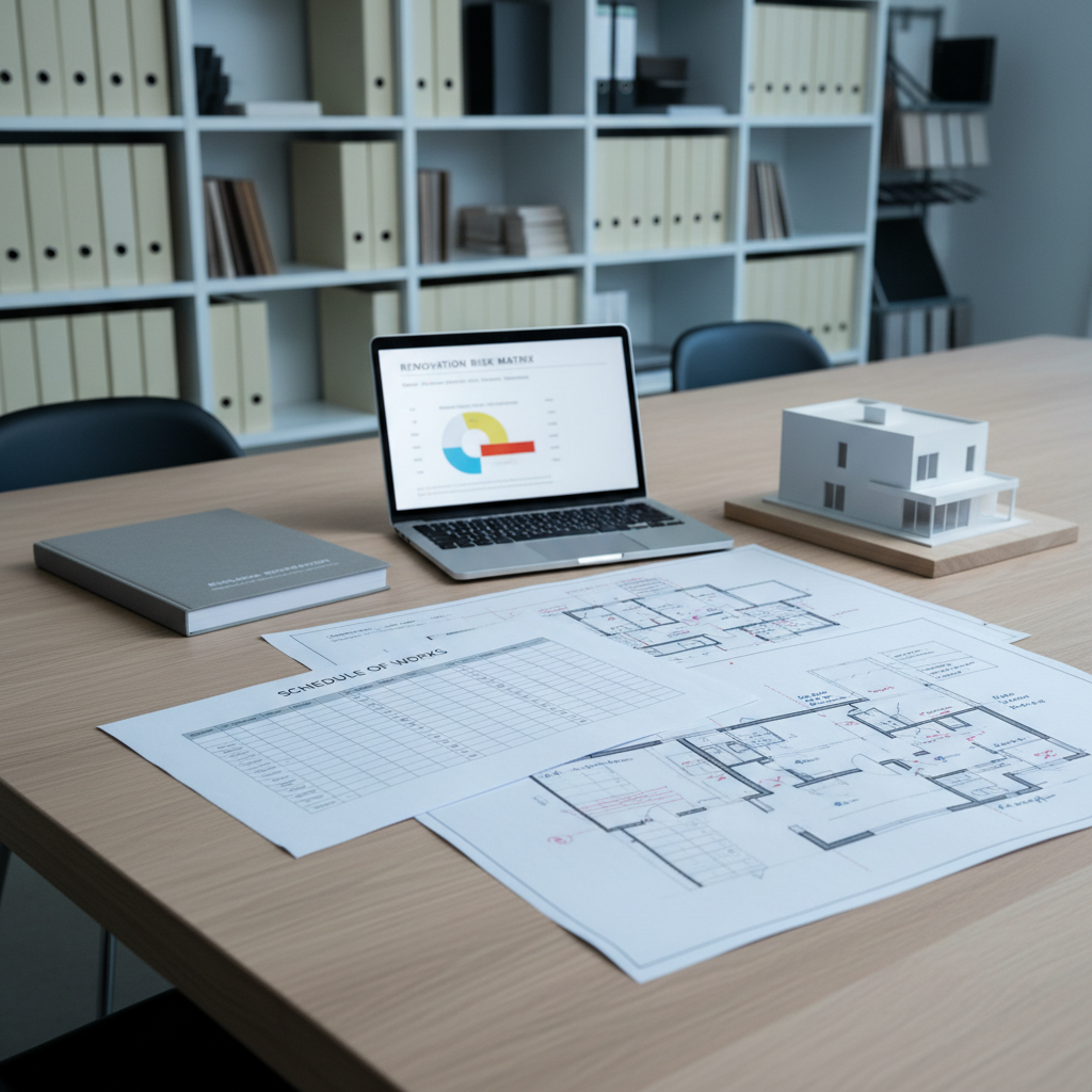 A clean, minimalist conference table in a contemporary office, photographed from a slightly elevated angle, covered with a curated selection of property-related documents: a detailed schedule of works, a bound specification, and annotated floor plans laid out in precise order. A laptop screen shows a sophisticated renovation risk matrix in soft focus, while a small architectural model of a townhouse sits neatly beside it. Cool, even studio-style lighting creates crisp edges, controlled shadows, and a calm, methodical atmosphere. The background is blurred but hints at shelves with neatly organized binders and sample materials. The image conveys independent, professional guidance and strategic thinking for owners overseeing construction projects, in a refined, photographic style.