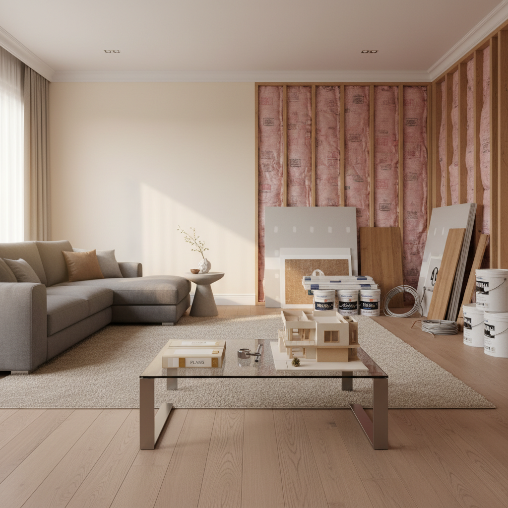 A high-end living room mid-renovation, captured in photographic realism, with one side fully finished in elegant neutral tones and the other side showing exposed studs, insulation, and carefully stacked materials. In the center, a pristine glass coffee table holds a tidy folder of labeled documents, a measuring tape, and a small model of the property. Soft, diffused morning light enters from a large unseen window, creating a gentle gradient across the room and highlighting the contrast between completed and in-progress work. Shot from a slightly elevated angle with balanced composition, the mood is reassuring and analytical, emphasizing thoughtful planning, risk reduction, and protecting a valuable property investment.